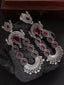 Silver-Plated Stones Studded And Beaded Contemporary Shaped Oxidized Drop Earrings