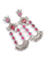 Silver-Plated Stones Studded And Beaded Contemporary Shaped Oxidized Drop Earrings