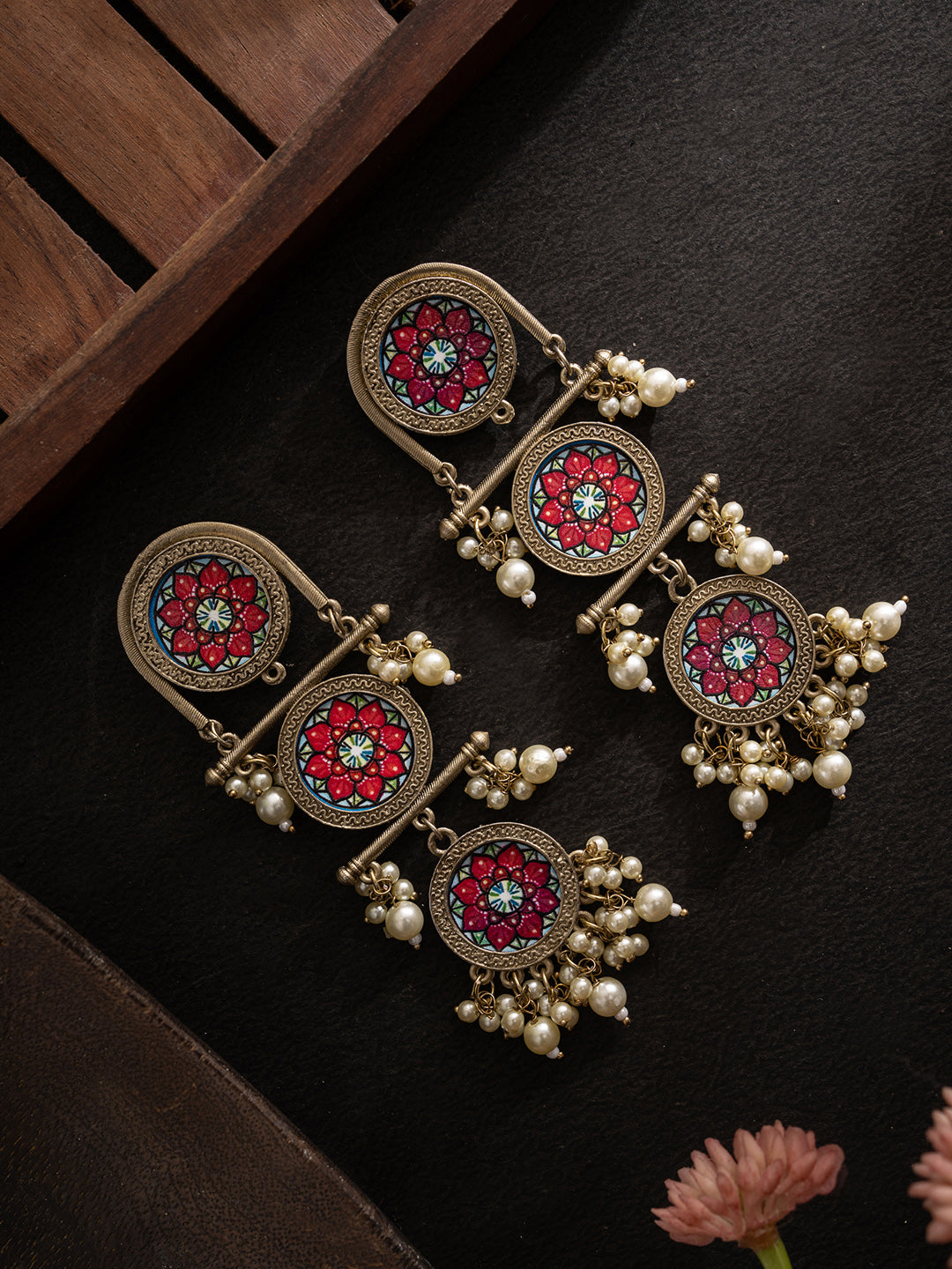 Silver-Plated Beaded Circular Shaped Oxidised Drop Earrings