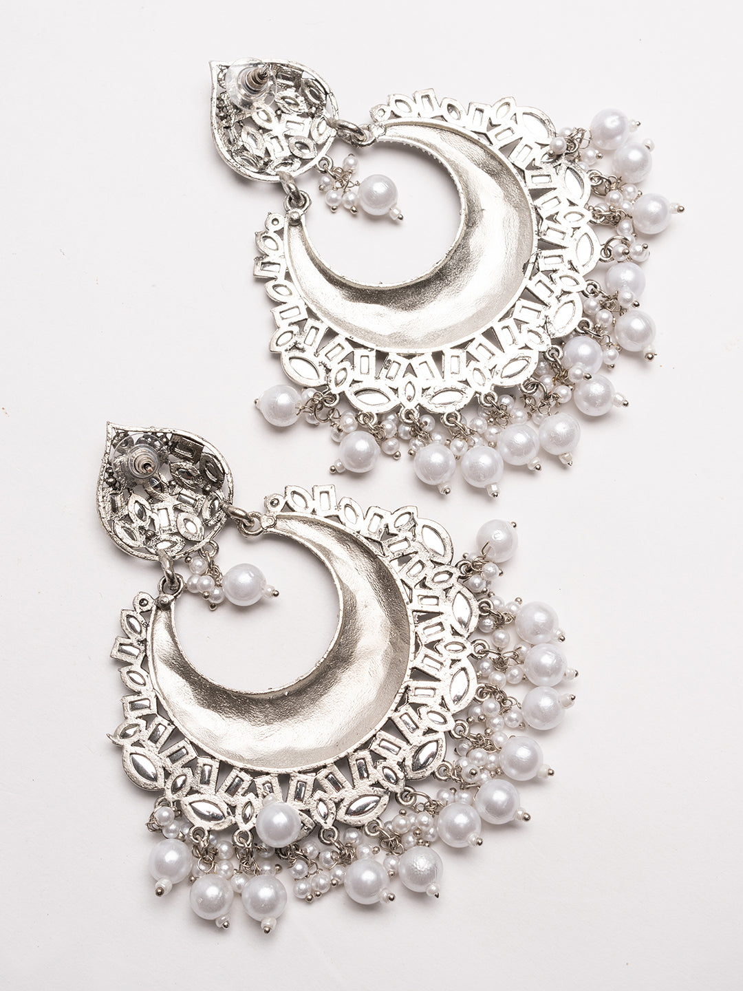 Silver-Plated Stones Studded & Beaded Crescent Oxidised Chandbalis
