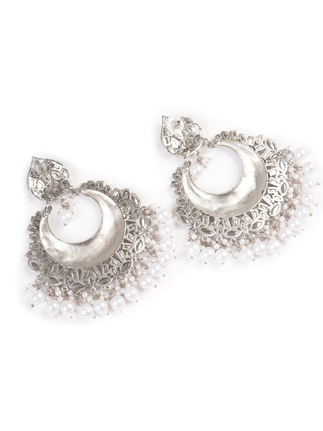 Silver-Plated Stones Studded & Beaded Crescent Oxidised Chandbalis