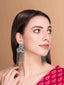 Silver-Plated Stones Studded And Beaded Contemporary Shaped Oxidized Drop Earrings
