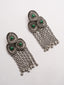 Silver-Plated Stones Studded And Beaded Contemporary Shaped Oxidized Drop Earrings