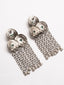 Silver-Plated Stones Studded And Beaded Contemporary Shaped Oxidized Drop Earrings