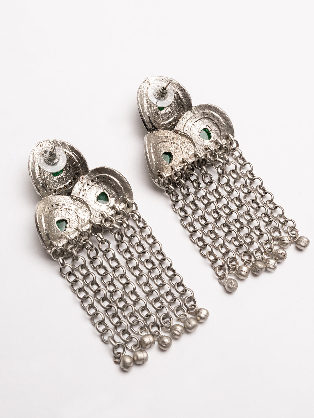 Silver-Plated Stones Studded And Beaded Contemporary Shaped Oxidized Drop Earrings