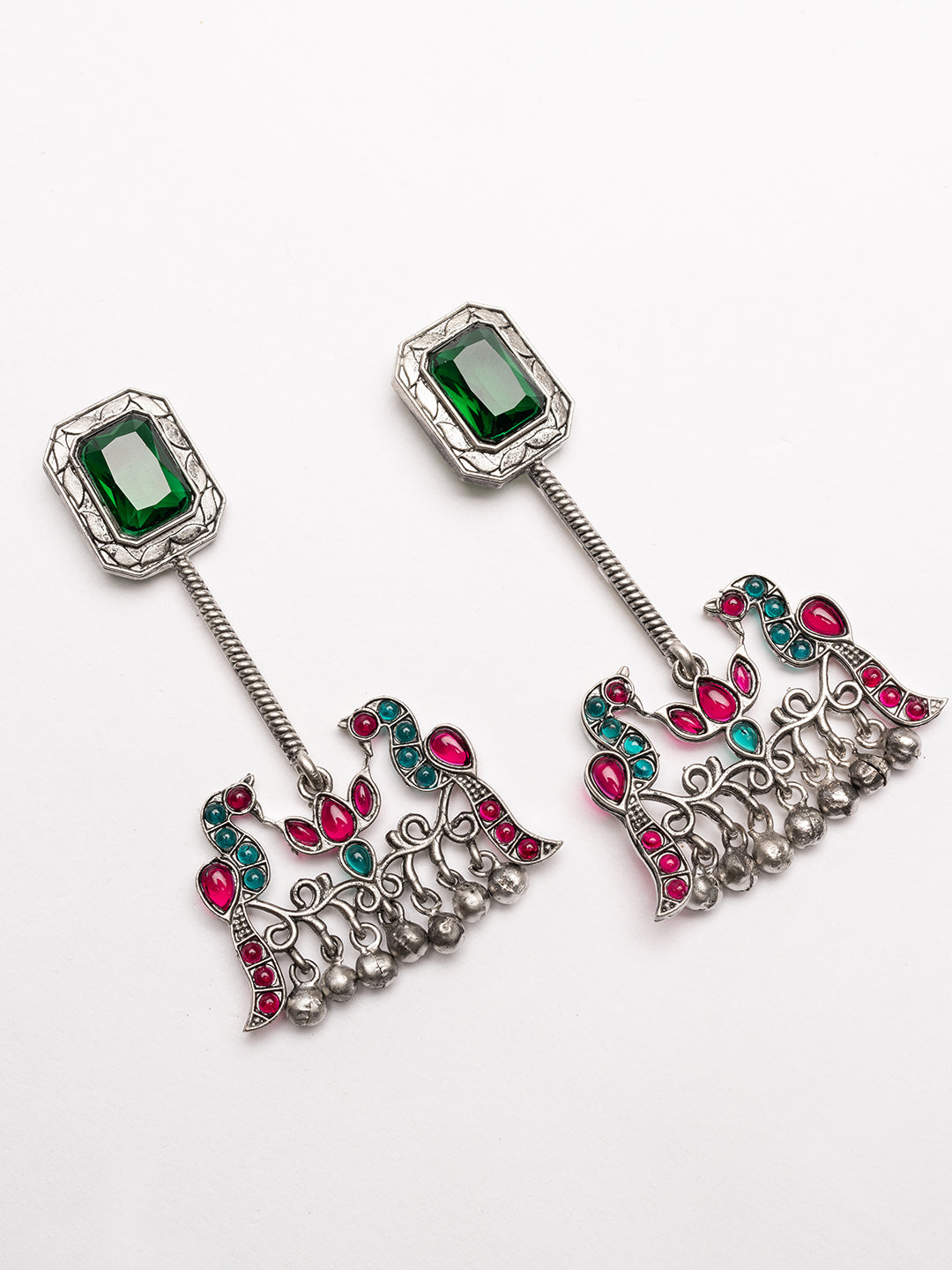 Silver-Plated Artifical Stones Studded Contemporary Shaped Oxidised Drop Earrings