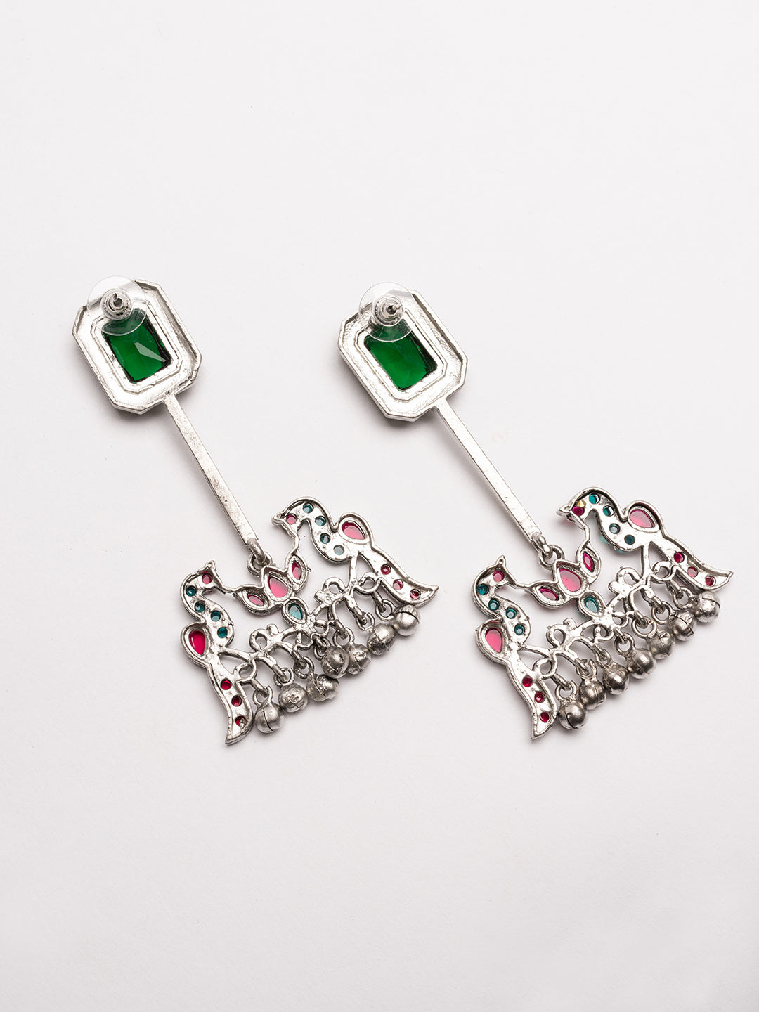 Silver-Plated Artifical Stones Studded Contemporary Shaped Oxidised Drop Earrings