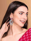 Silver-Plated Stones Studded And Beaded Contemporary Shaped Oxidized Drop Earrings