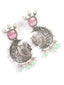Silver-Plated Stones Studded And Beaded Contemporary Shaped Oxidized Drop Earrings
