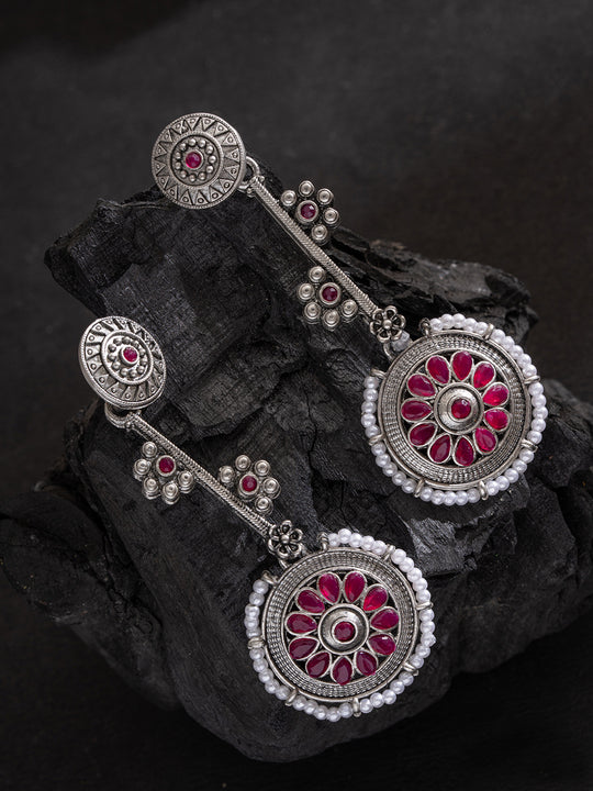 Silver-Plated Stones Studded Contemporary Shaped Oxidized Drop Earrings