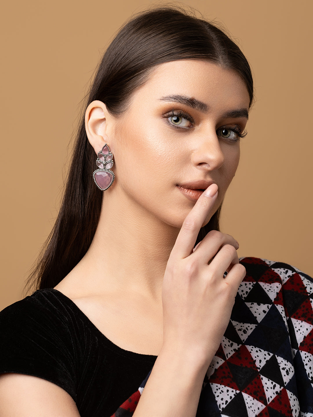 Silver-Plated Artifical Stones Studded Geometric Shaped Oxidised Drop Earrings