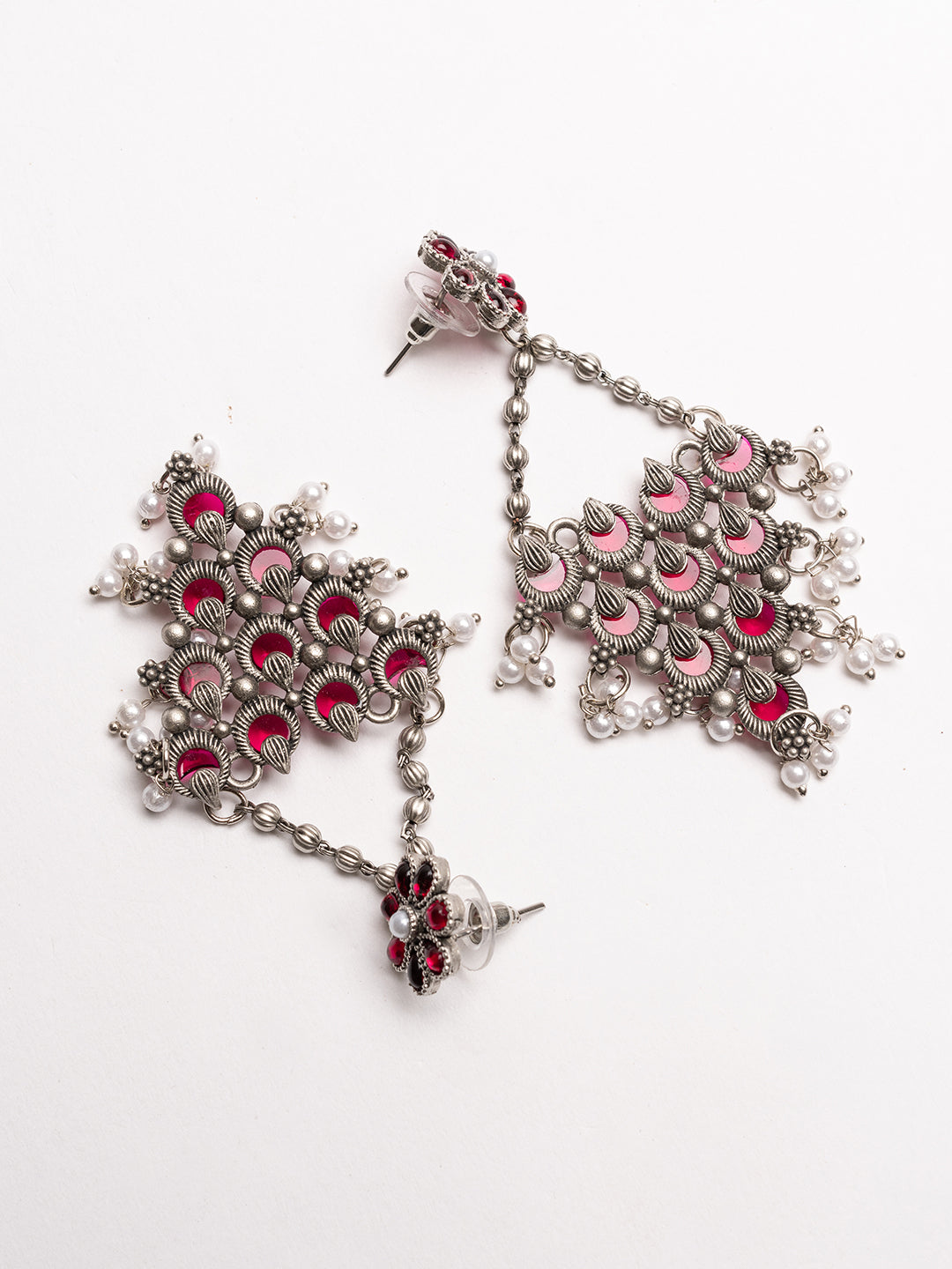 Silver-Plated Stones Studded And Beaded Contemporary Shaped Oxidized Drop Earrings