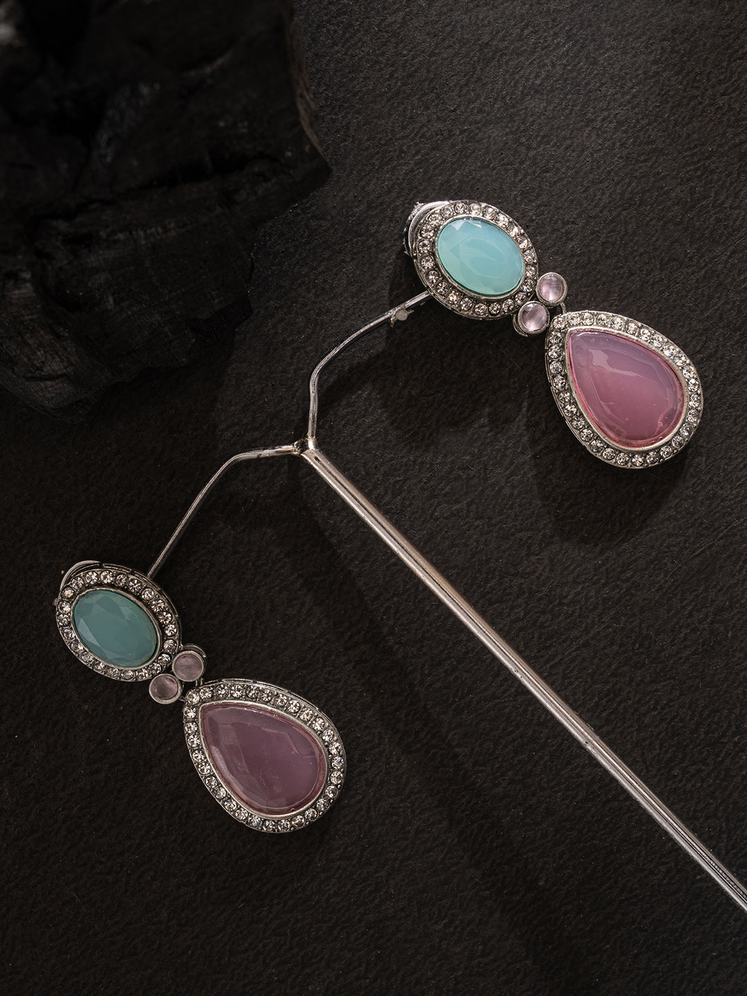 Silver Plated Artificial Stones Studded Teardrop Shaped Oxidized Drop Earrings