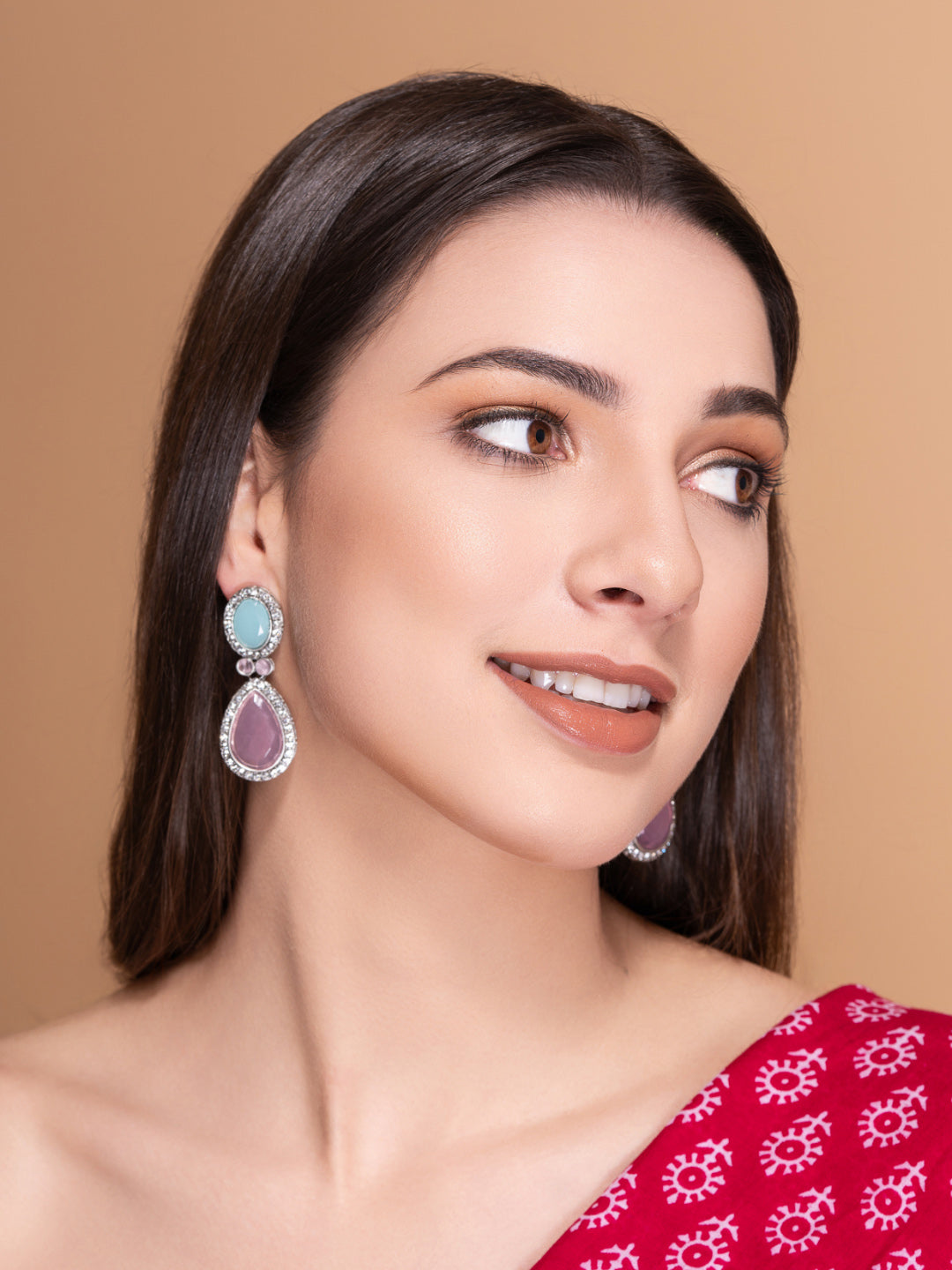 Silver Plated Artificial Stones Studded Teardrop Shaped Oxidized Drop Earrings