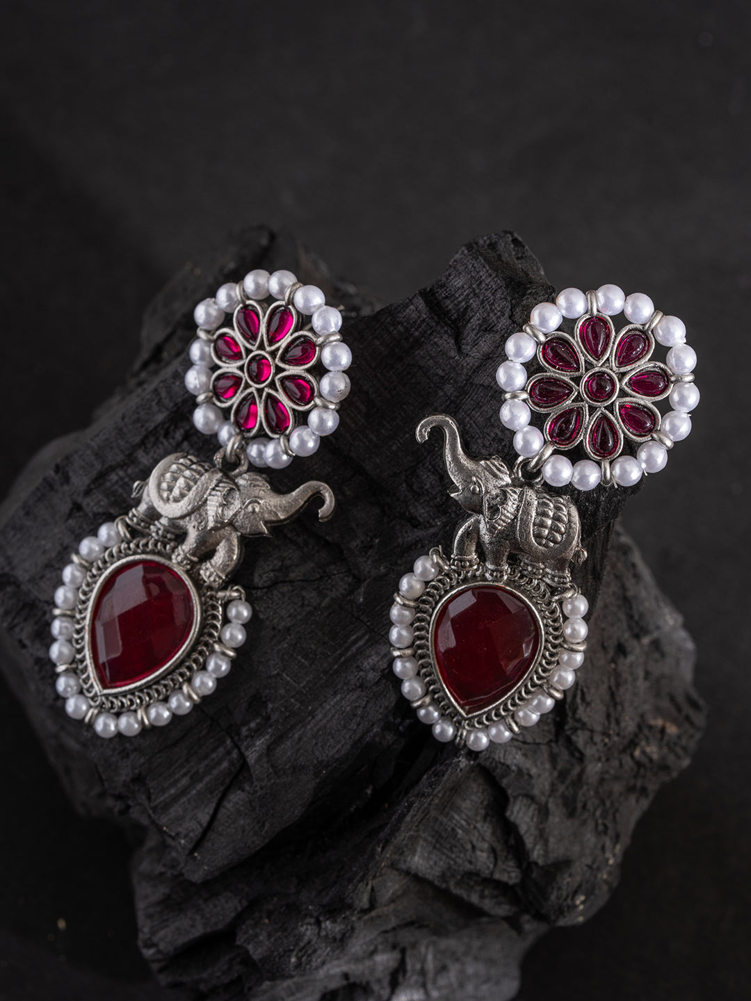 Silver-Plated Stones Studded And Beaded Animal Shaped Oxidised Drop Earrings