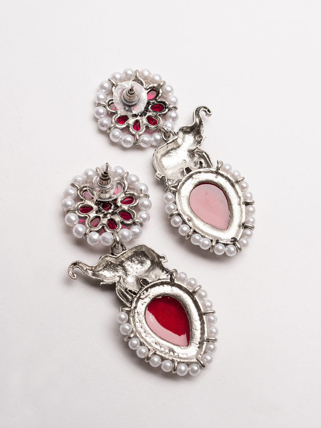 Silver-Plated Stones Studded And Beaded Animal Shaped Oxidised Drop Earrings