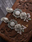 Silver-Plated Stones Studded And Beaded Contemporary Shaped Oxidised Drop Earrings