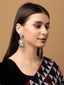 Silver-Plated Stones Studded And Beaded Contemporary Shaped Oxidised Drop Earrings