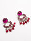 Silver-Plated Stones Studded And Beaded Contemporary Shaped Oxidized Drop Earrings