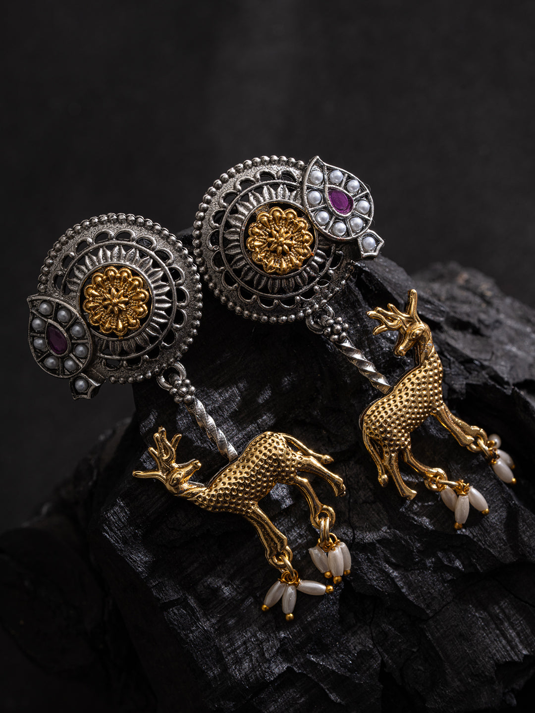 Silver-Plated Artificial Beaded Animal Shaped Oxidised Drop Earrings