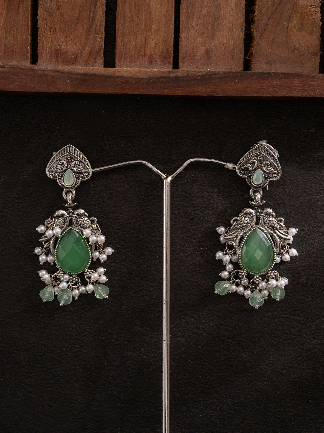 Silver-Plated Stones Studded And Beaded Contemporary Shaped Oxidized Drop Earrings