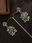 Silver-Plated Stones Studded And Beaded Contemporary Shaped Oxidized Drop Earrings