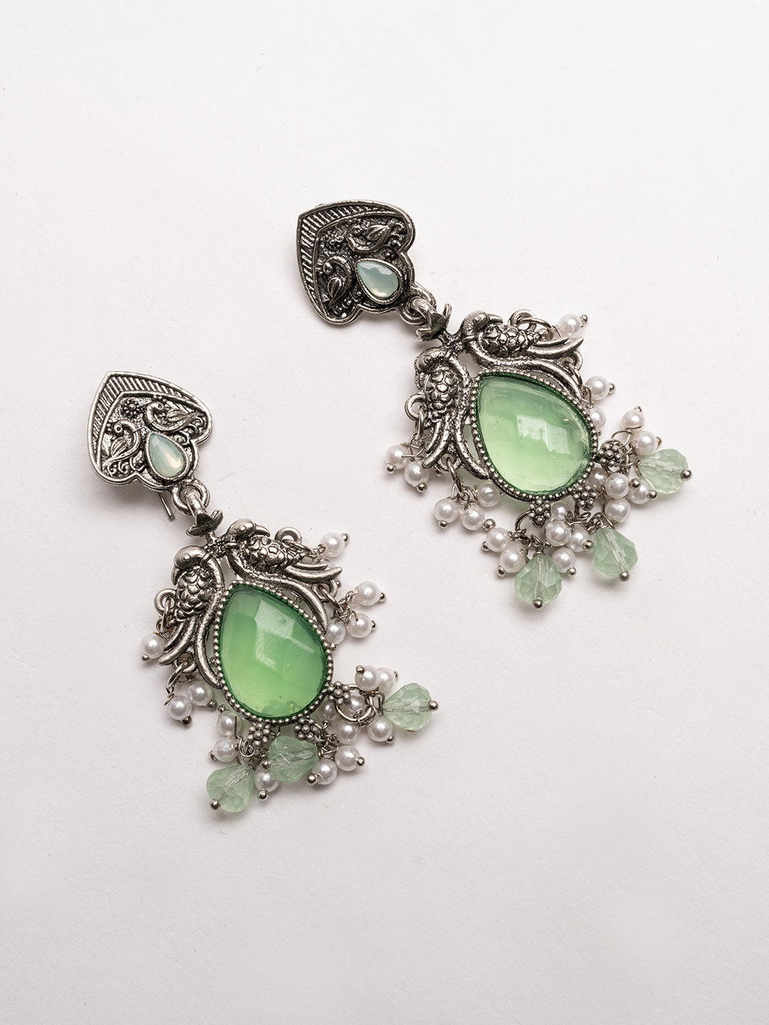 Silver-Plated Stones Studded And Beaded Contemporary Shaped Oxidized Drop Earrings