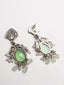 Silver-Plated Stones Studded And Beaded Contemporary Shaped Oxidized Drop Earrings