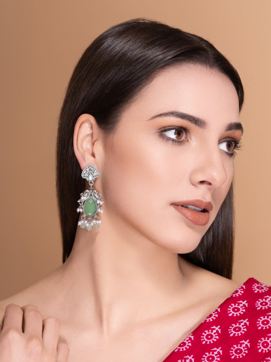 Silver-Plated Stones Studded And Beaded Contemporary Shaped Oxidized Drop Earrings