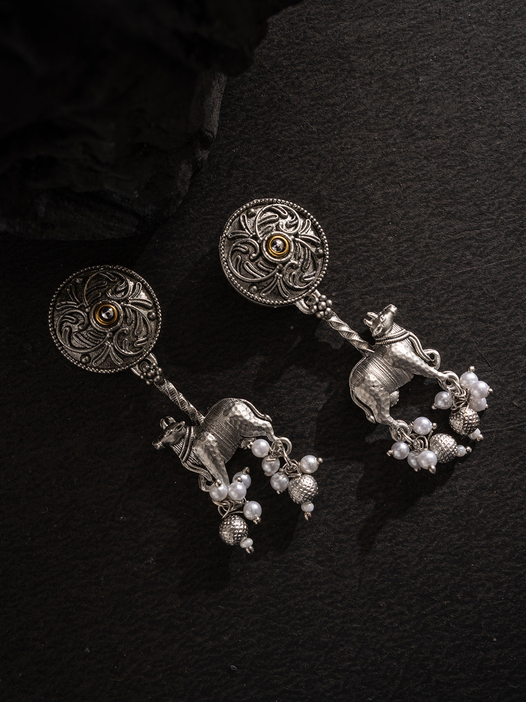 Silver-Plated Artifical Beaded Animal Shaped Oxidised Drop Earrings