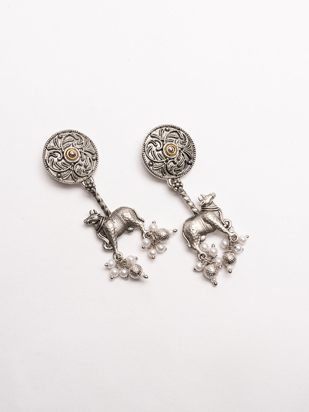 Silver-Plated Artifical Beaded Animal Shaped Oxidised Drop Earrings