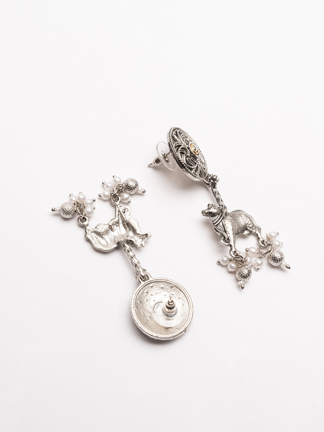Silver-Plated Artifical Beaded Animal Shaped Oxidised Drop Earrings
