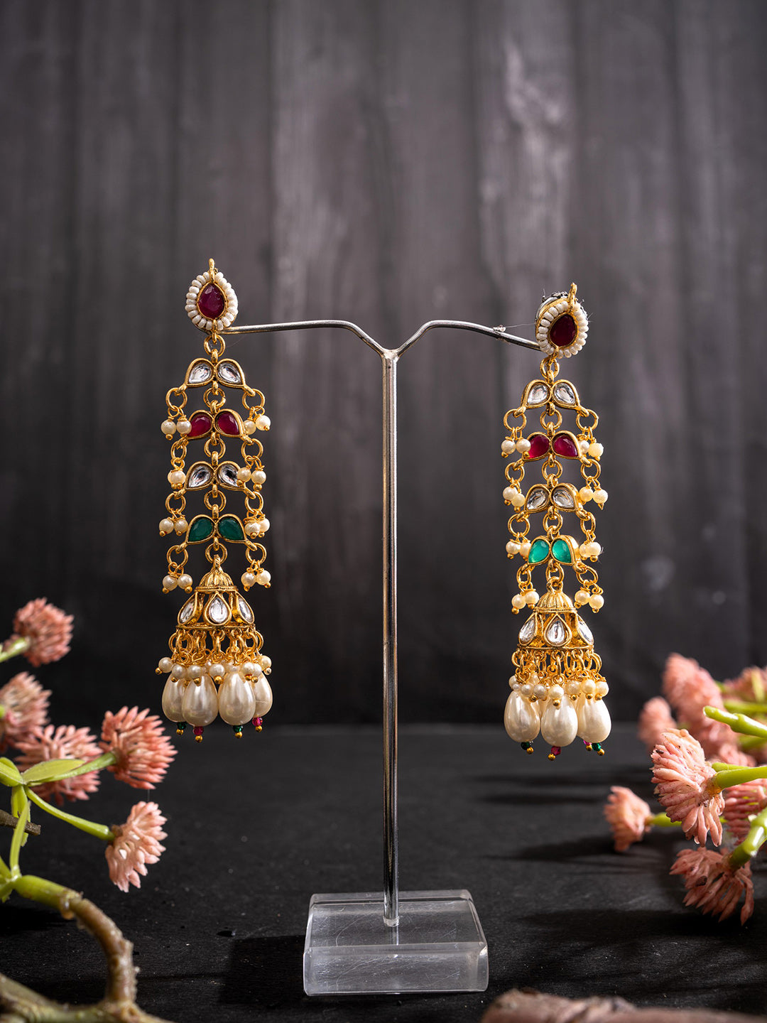 Gold-Plated Artificial Stones Studded & Beaded Contemporary Shaped Drop Earrings