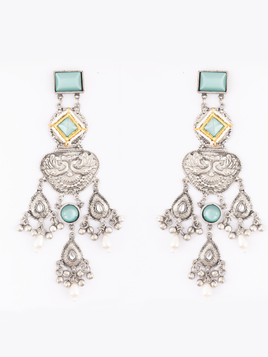Gold-Plated Artificial Stones Studded & Beaded Square Shaped Drop Earrings