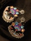 Silver-Plated Artificial Stones Studded Peacock Shaped Drop Earrings