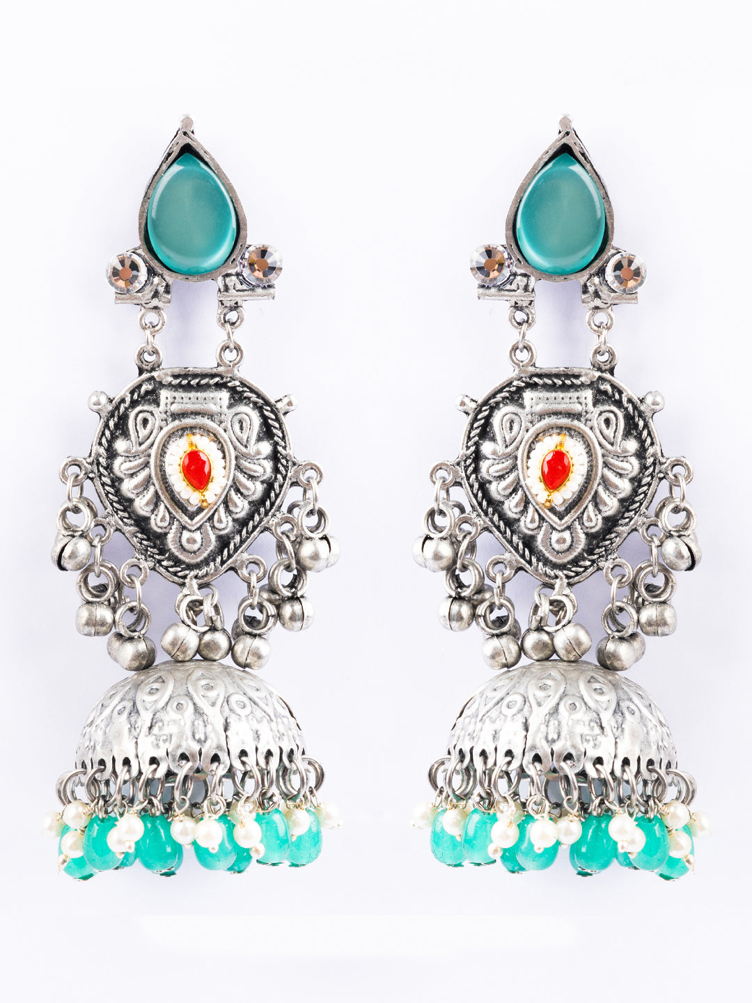 Silver-Plated Stones Studded And Beaded Contemporary Oxidised Drop Earrings