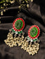 Silver-Plated Artificial Stone Studded & Beaded Oval Shaped Drop Earrings