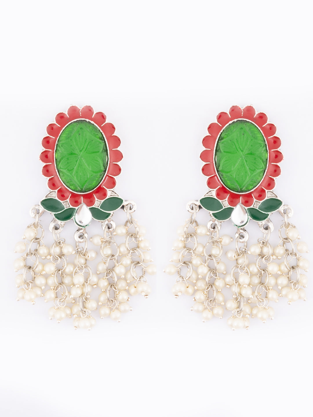 Silver-Plated Artificial Stone Studded & Beaded Oval Shaped Drop Earrings