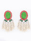 Silver-Plated Artificial Stone Studded & Beaded Oval Shaped Drop Earrings