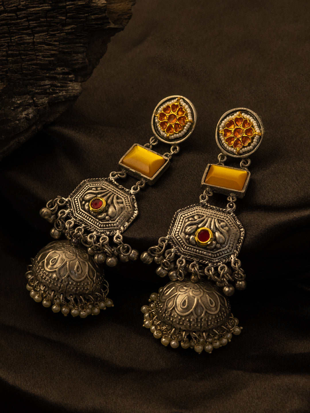 Silver-Plated Artificial Stones Studded & Beaded Dome Shaped Jhumkas