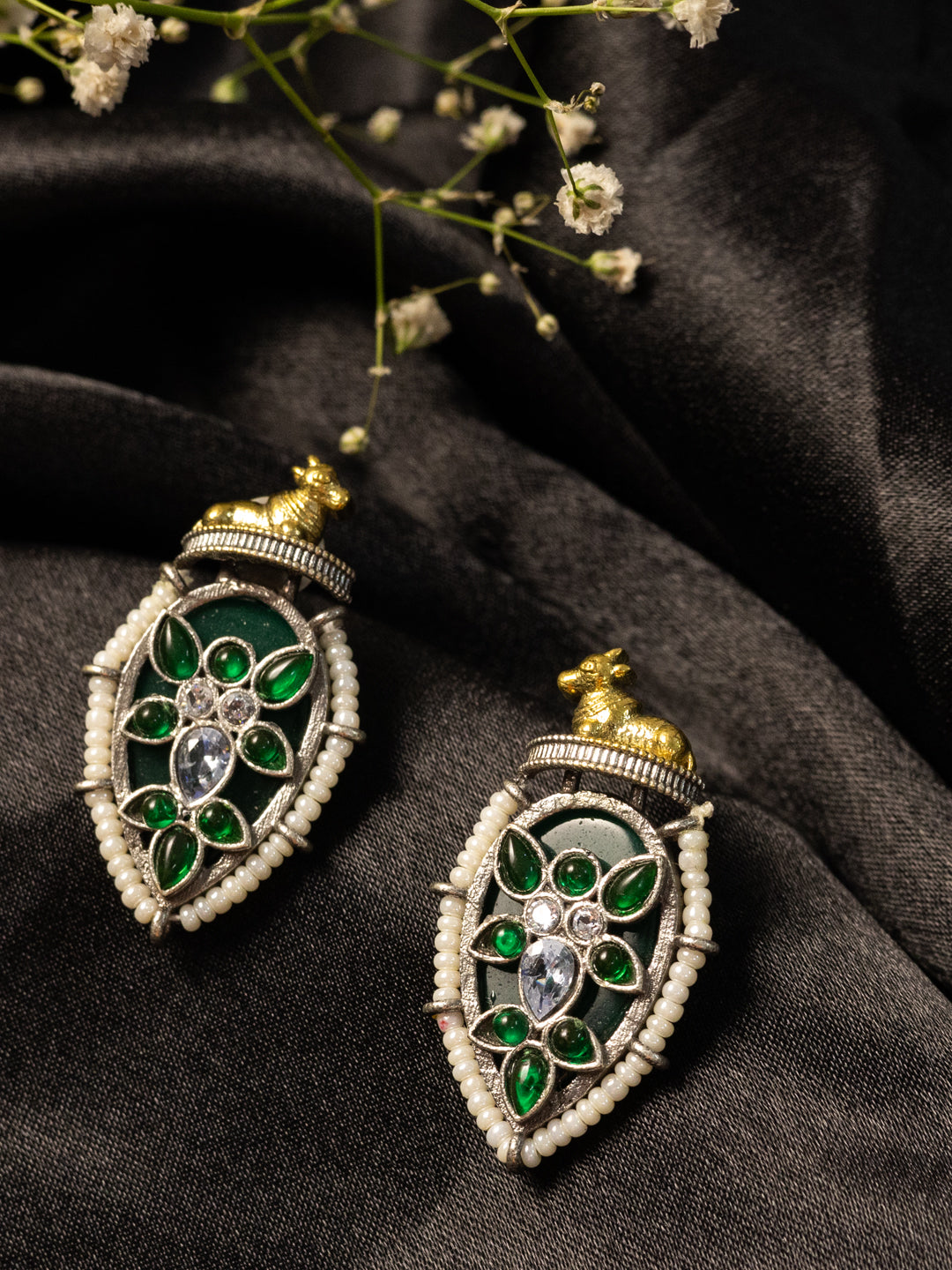 Silver-Plated Artificial Stones Studded & Beaded Teardrop Shaped Drop Earrings