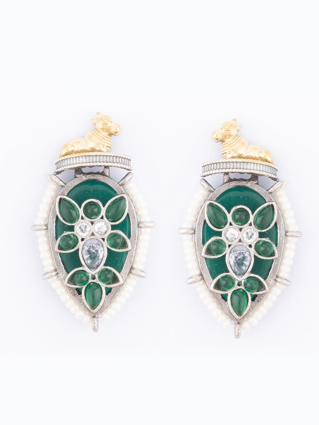 Silver-Plated Artificial Stones Studded & Beaded Teardrop Shaped Drop Earrings