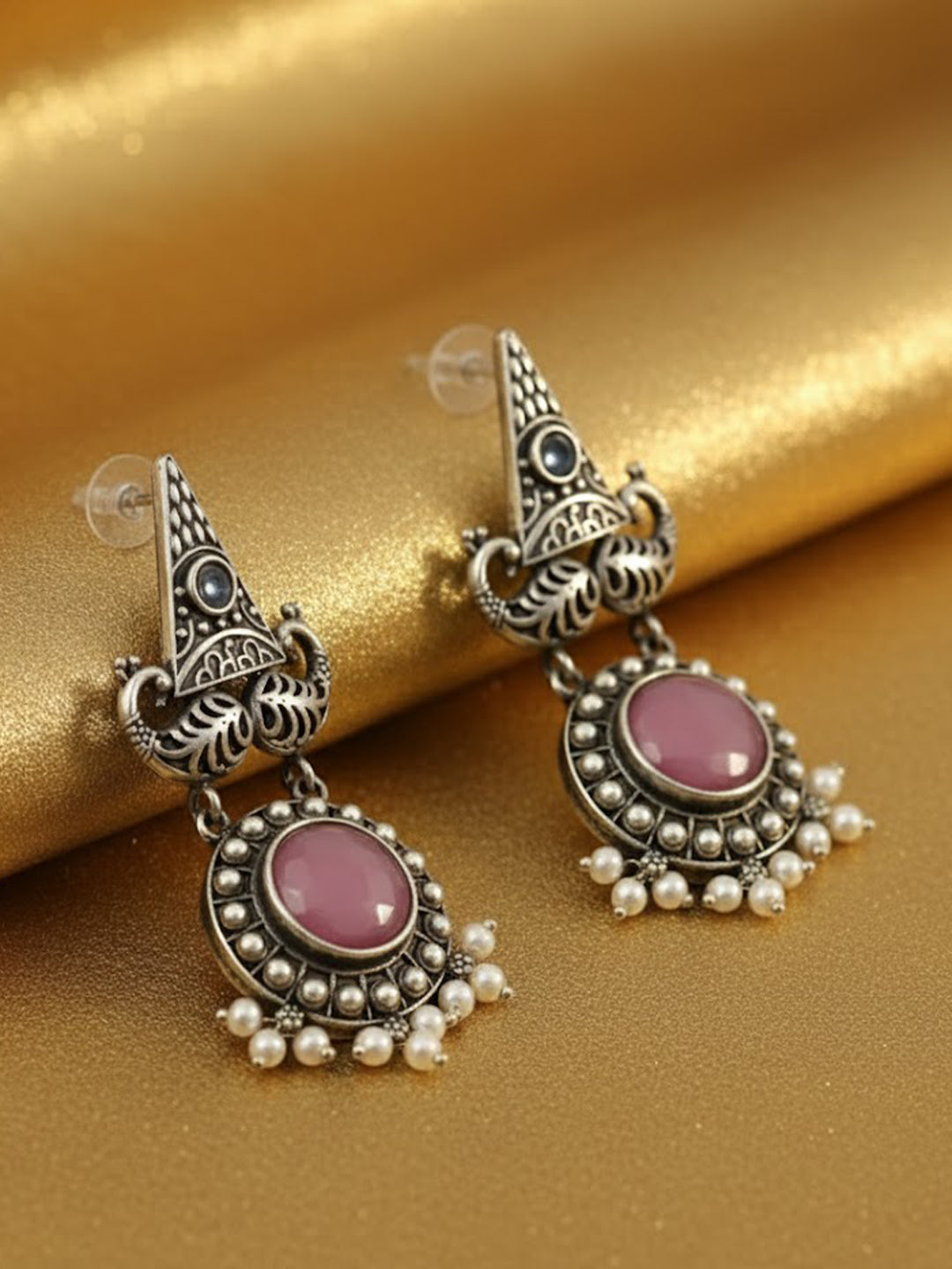 Silver-Plated Stones Studded And Beaded Geometric Shaped Drop Earrings