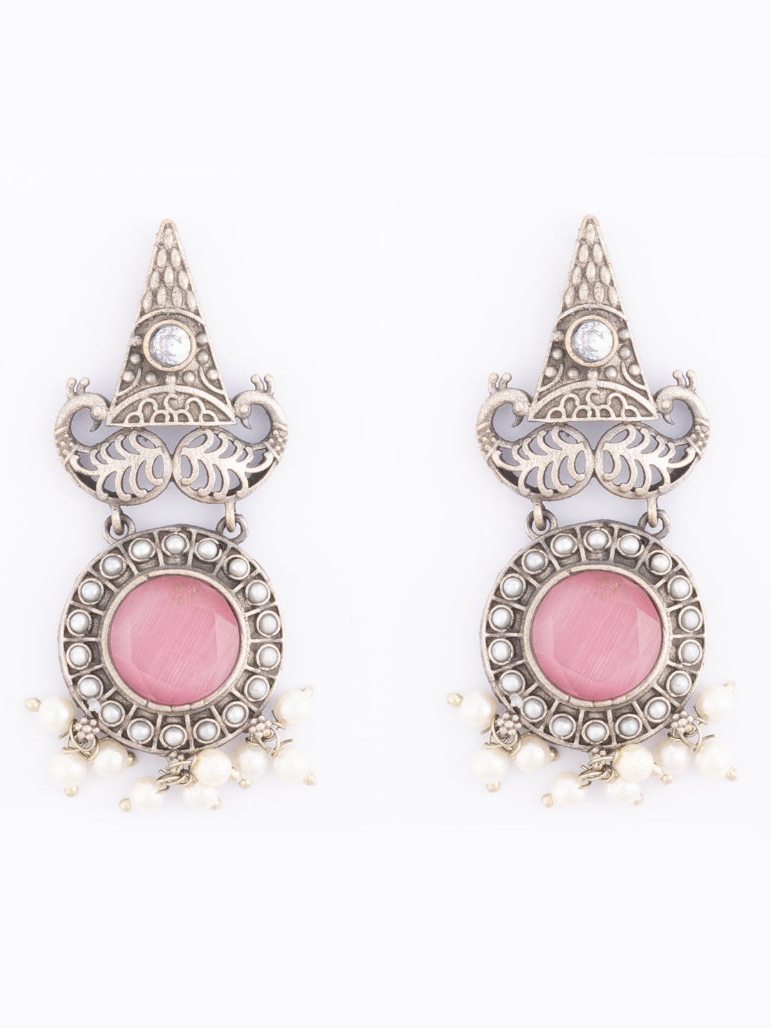 Silver-Plated Stones Studded And Beaded Geometric Shaped Drop Earrings