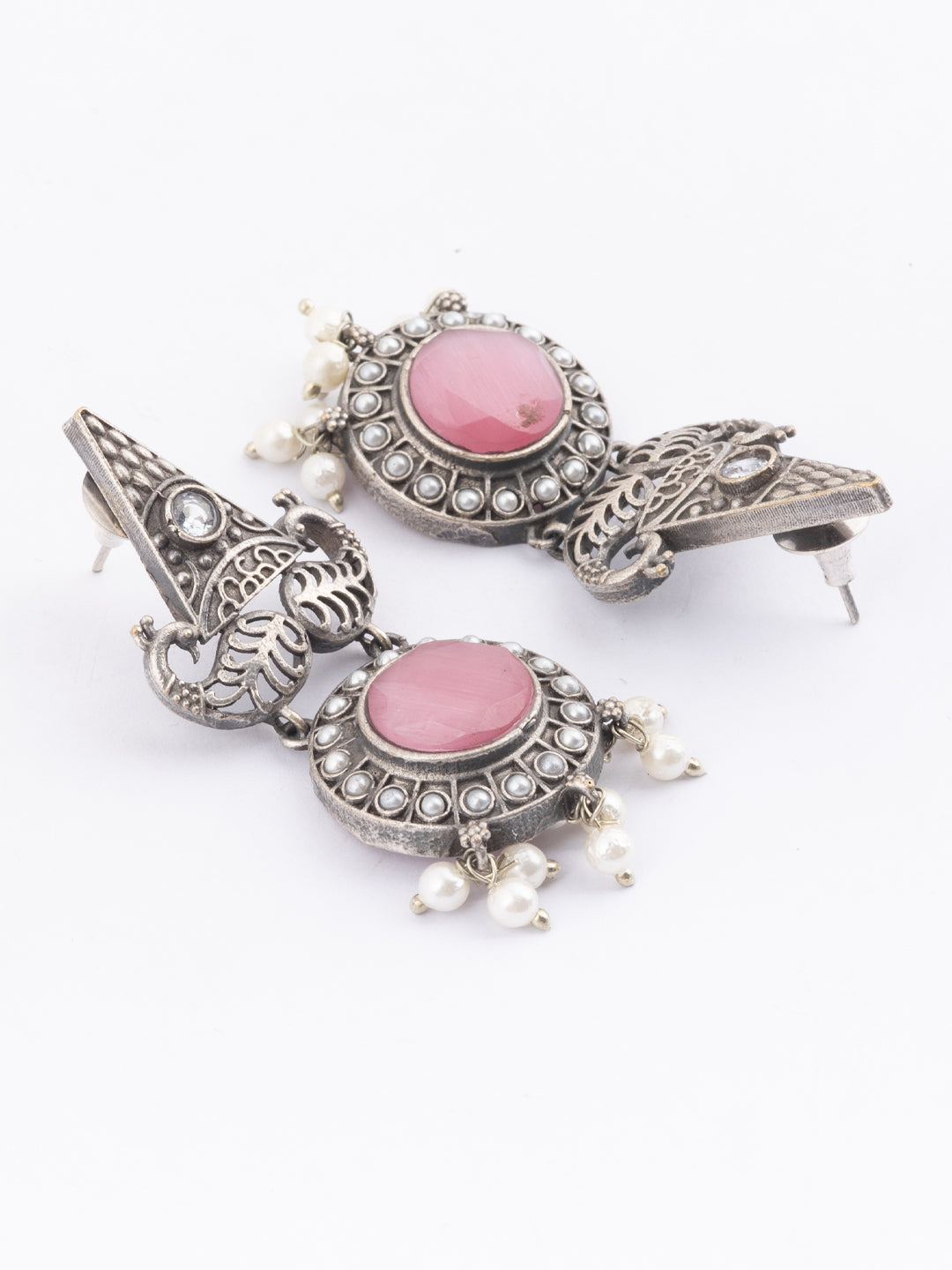Silver-Plated Stones Studded And Beaded Geometric Shaped Drop Earrings