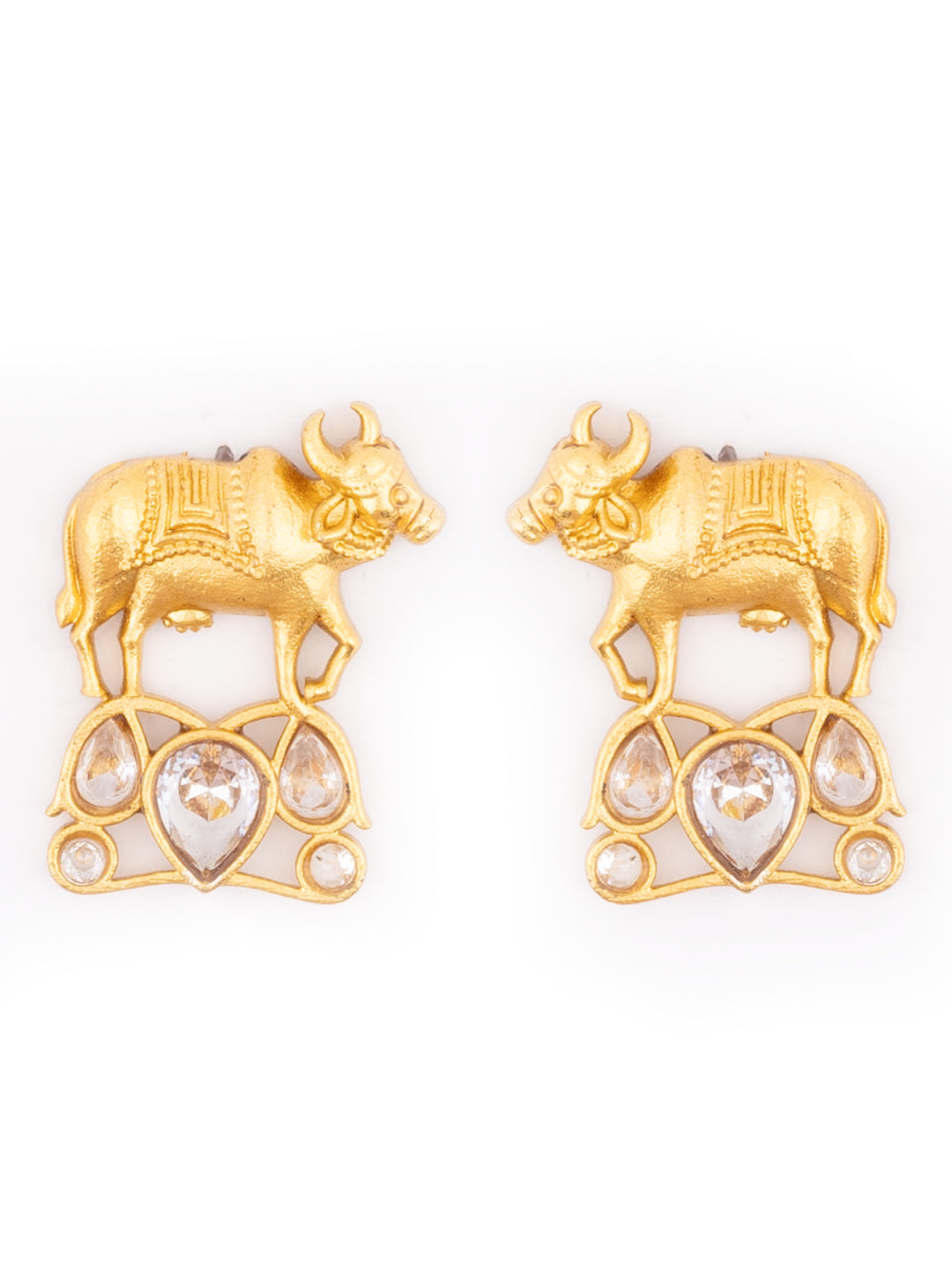 Gold-Plated Artificial Stones Studded Cow Shaped Drop Earrings
