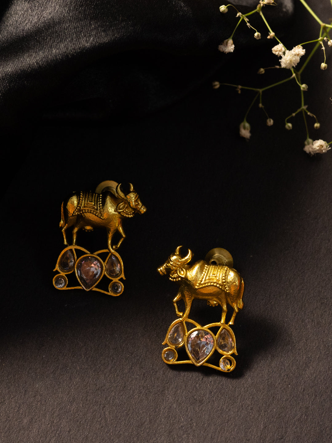 Gold-Plated Artificial Stones Studded Cow Shaped Drop Earrings