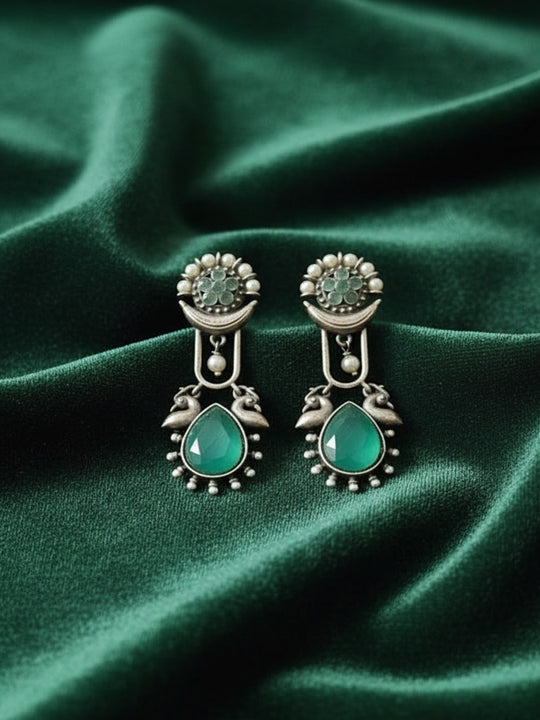 Silver-Plated Studded & Beaded Teardrop Shaped Drop Earrings