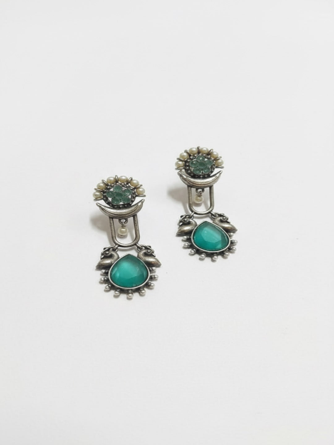 Silver-Plated Studded & Beaded Teardrop Shaped Drop Earrings