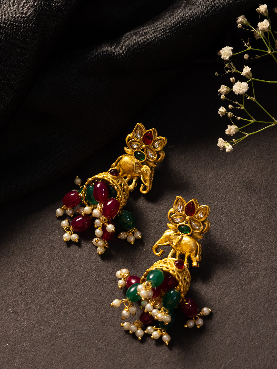 Gold Plated Artificial Stone Studded & Beaded Dome Shaped Jhumkas